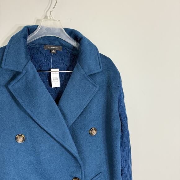 Ann Taylor Size S Sea Storm Teal Mixed Media Cable Sweater Coat Jacket New - Picture 5 of 8